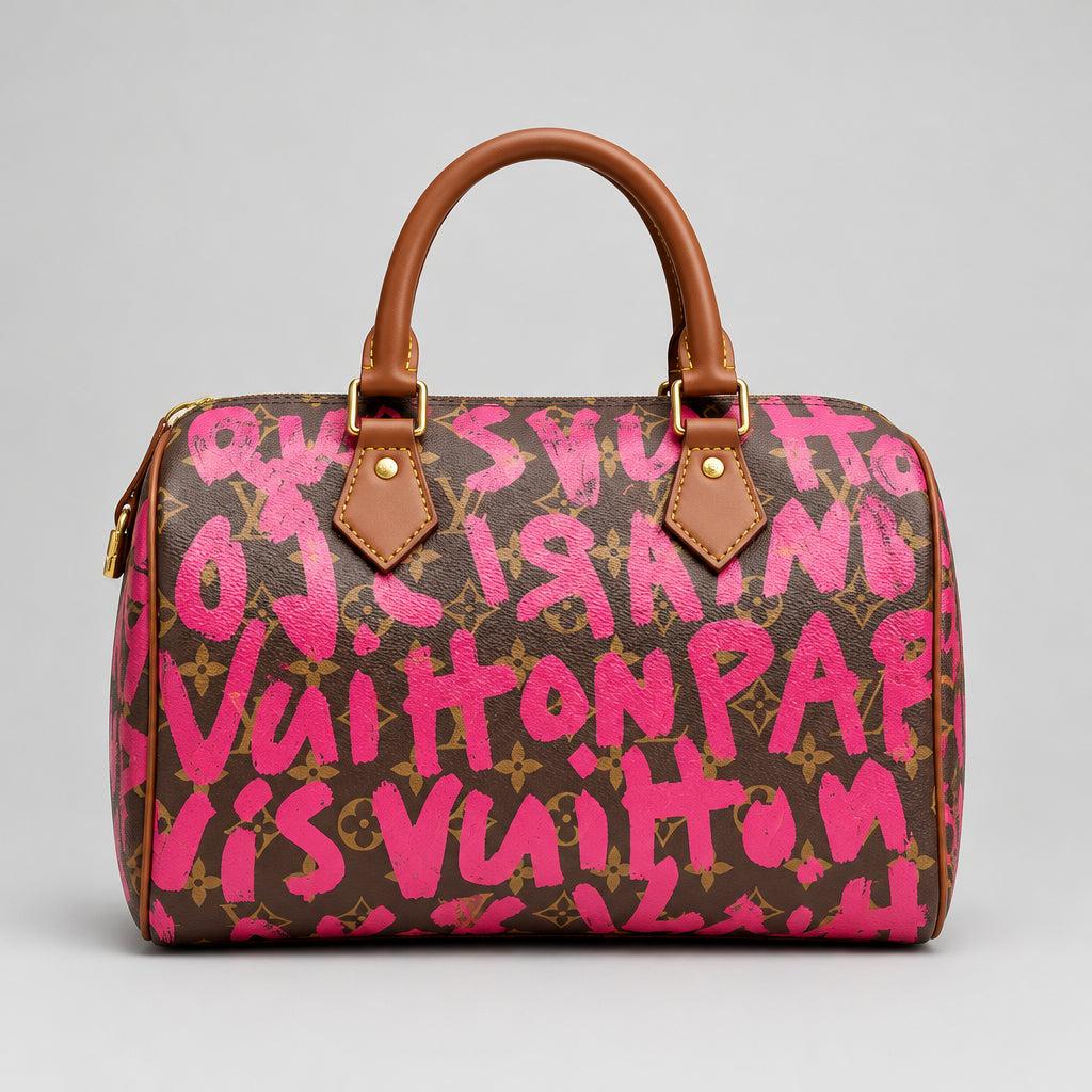 Brown monogram handbag with pink graffiti lettering