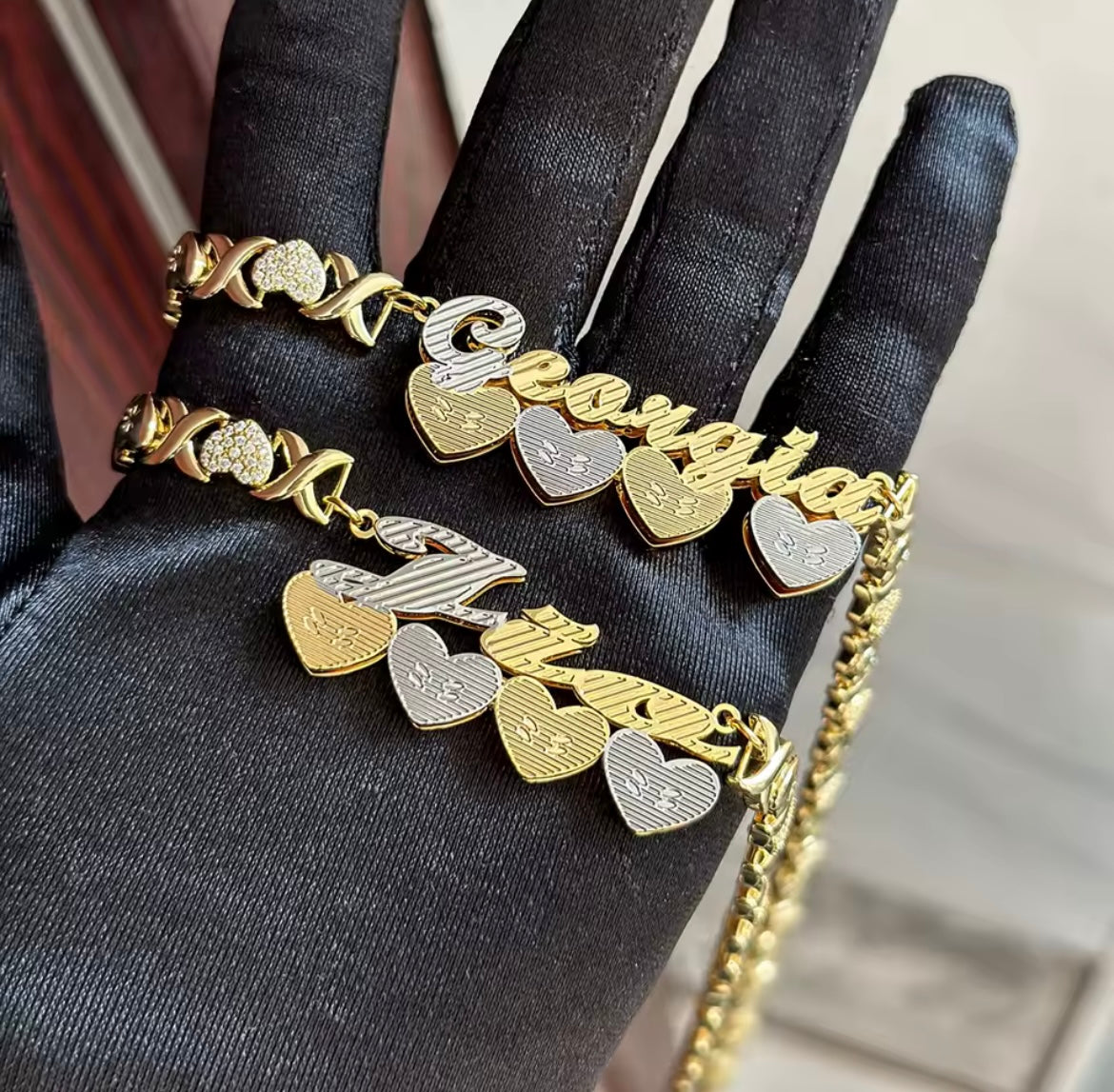 Custom Name XO Heart Chain Necklace & Bracelet Set