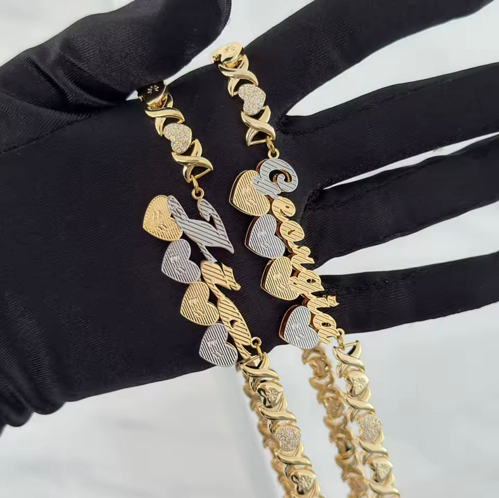 Custom Name XO Heart Chain Necklace & Bracelet Set