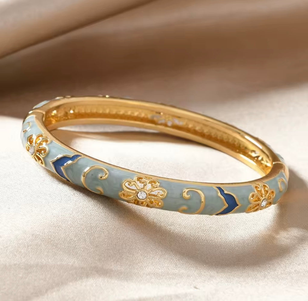 Enamel Floral Gold Bangle Bracelet - Blue