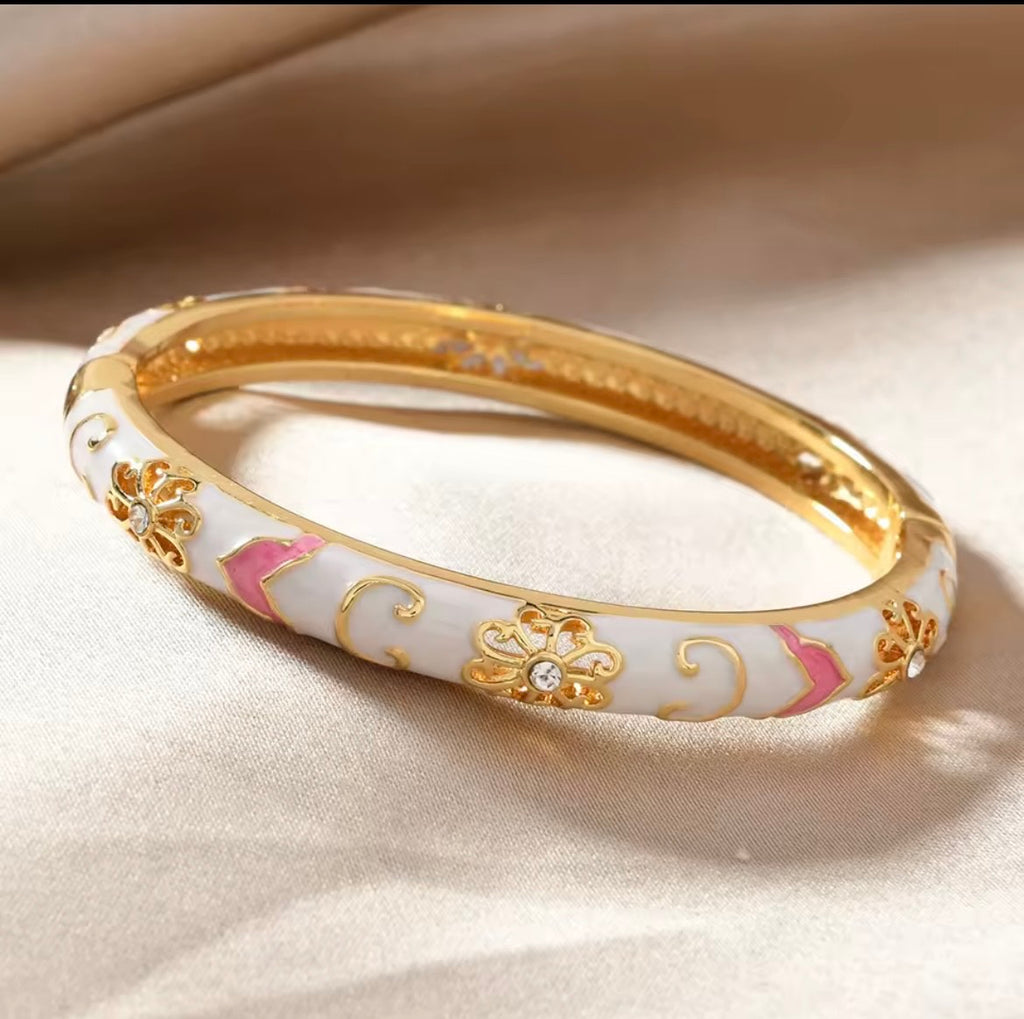 Enamel Floral Gold Bangle Bracelet - White
