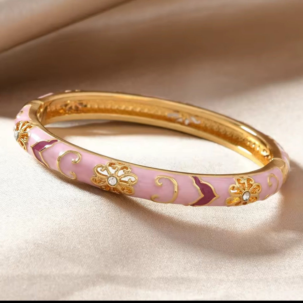 Enamel Floral Gold Bangle Bracelet - Pink