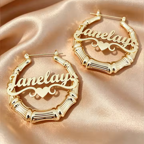 Custom name bamboo hoop earrings in gold