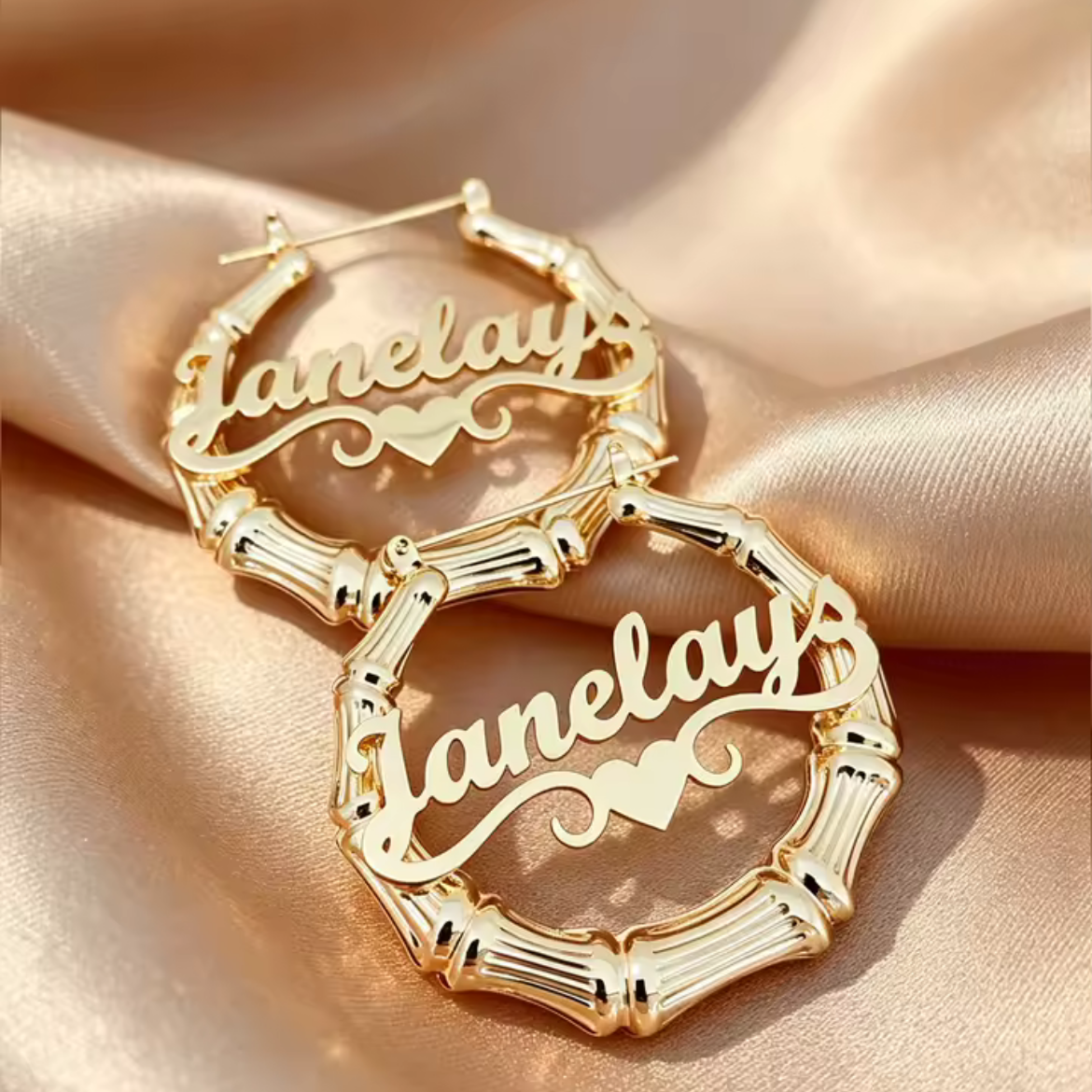 Custom name bamboo hoop earrings close up