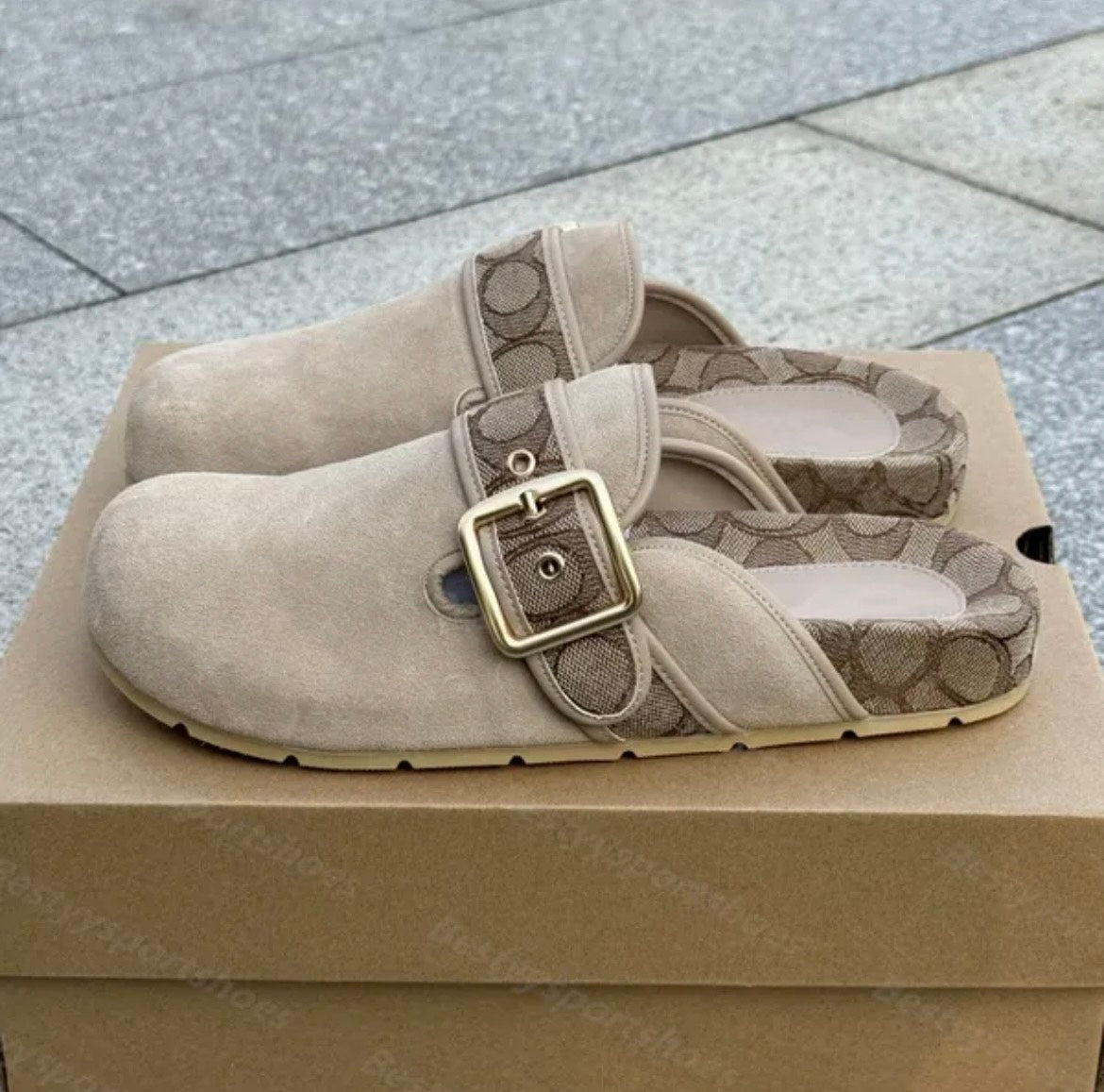 Coach Signature Clogs - Tan Suede