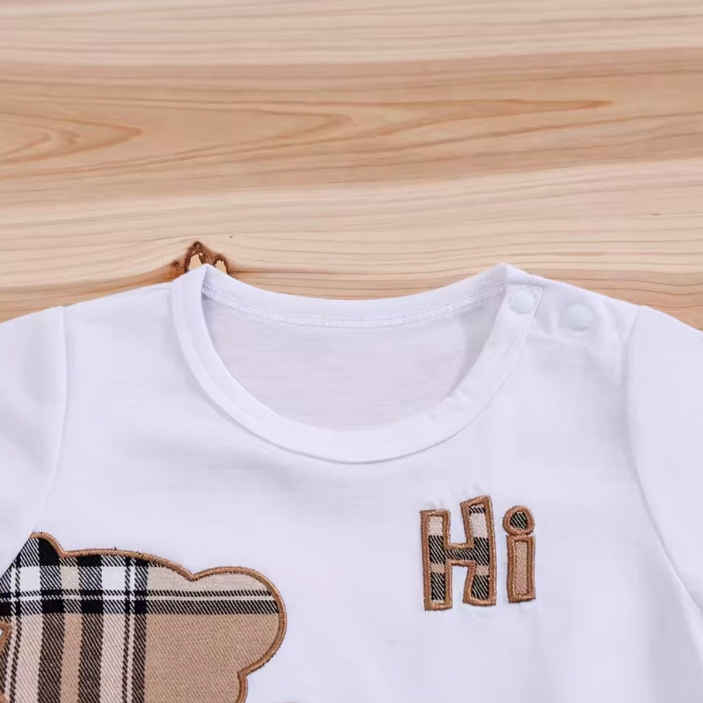 Hi Bear Plaid Two-Piece Set - White tee close up