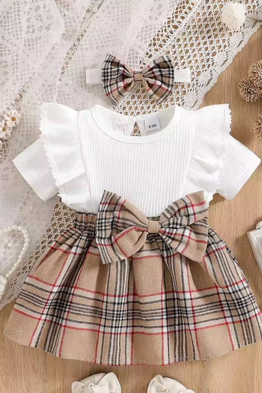 Baby Girl Plaid Bow 3-Piece Set - full outfit flat lay