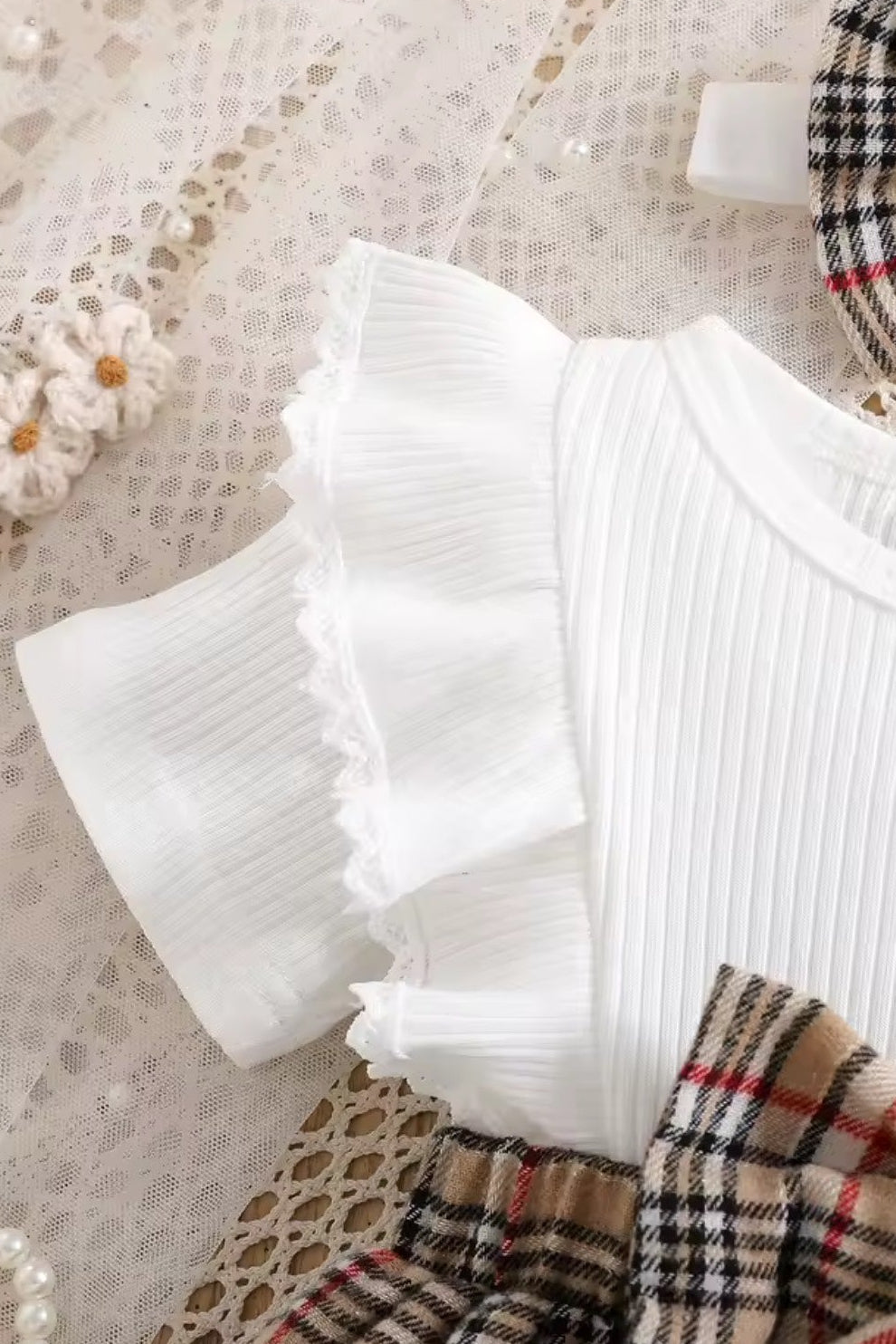 Baby Girl Plaid Bow 3-Piece Set - ruffle sleeve detail