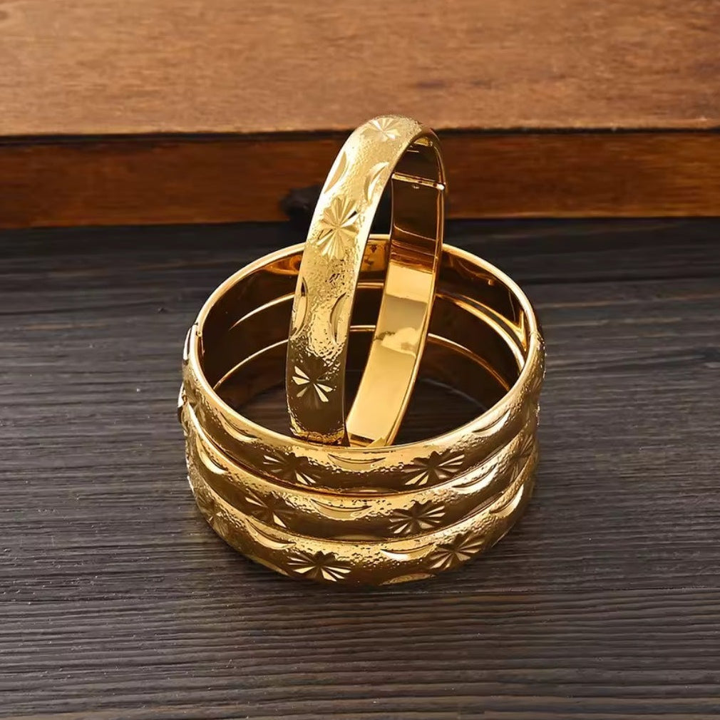 Gold Etched Bangle Set - stacked upright view