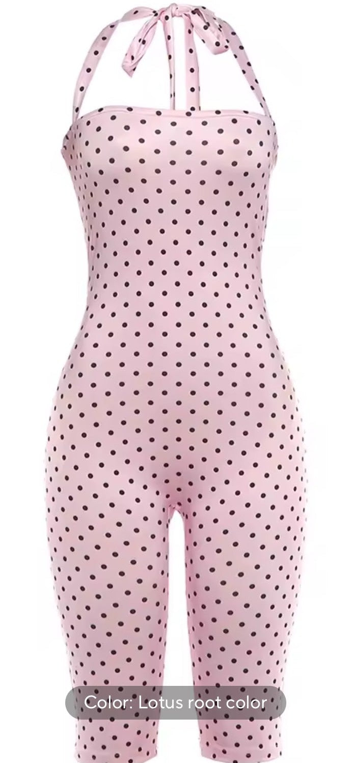 Polka Dot Halter Jumpsuit - Pink (Lotus Root)