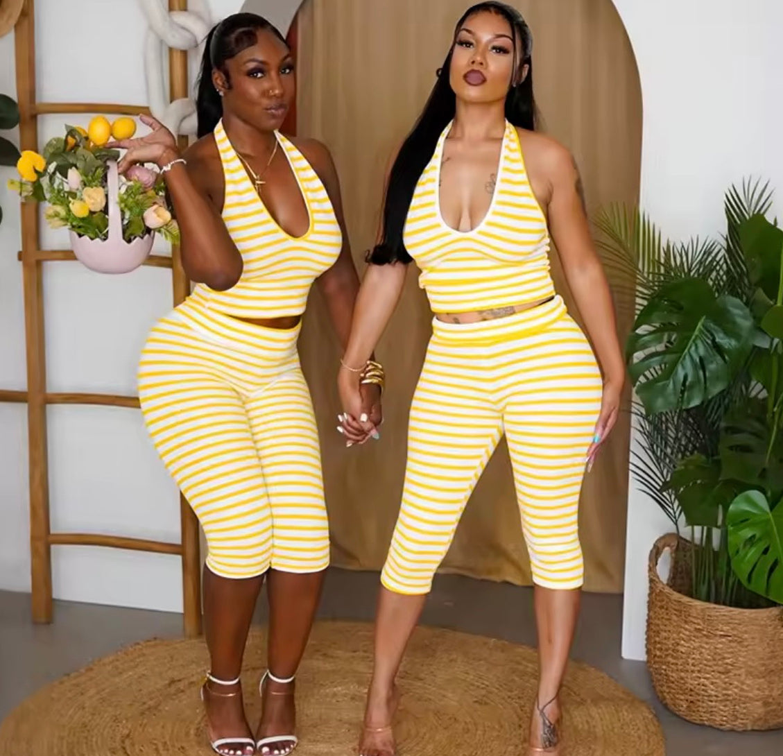 Striped Halter Set - Yellow/White, two models