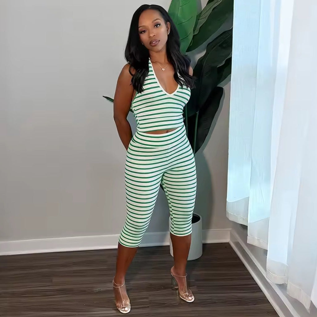 Striped Halter Set - Mint/Green, front view