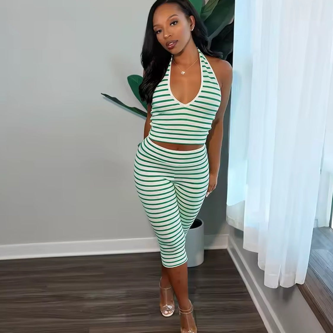 Striped Halter Set - Mint/Green, side view