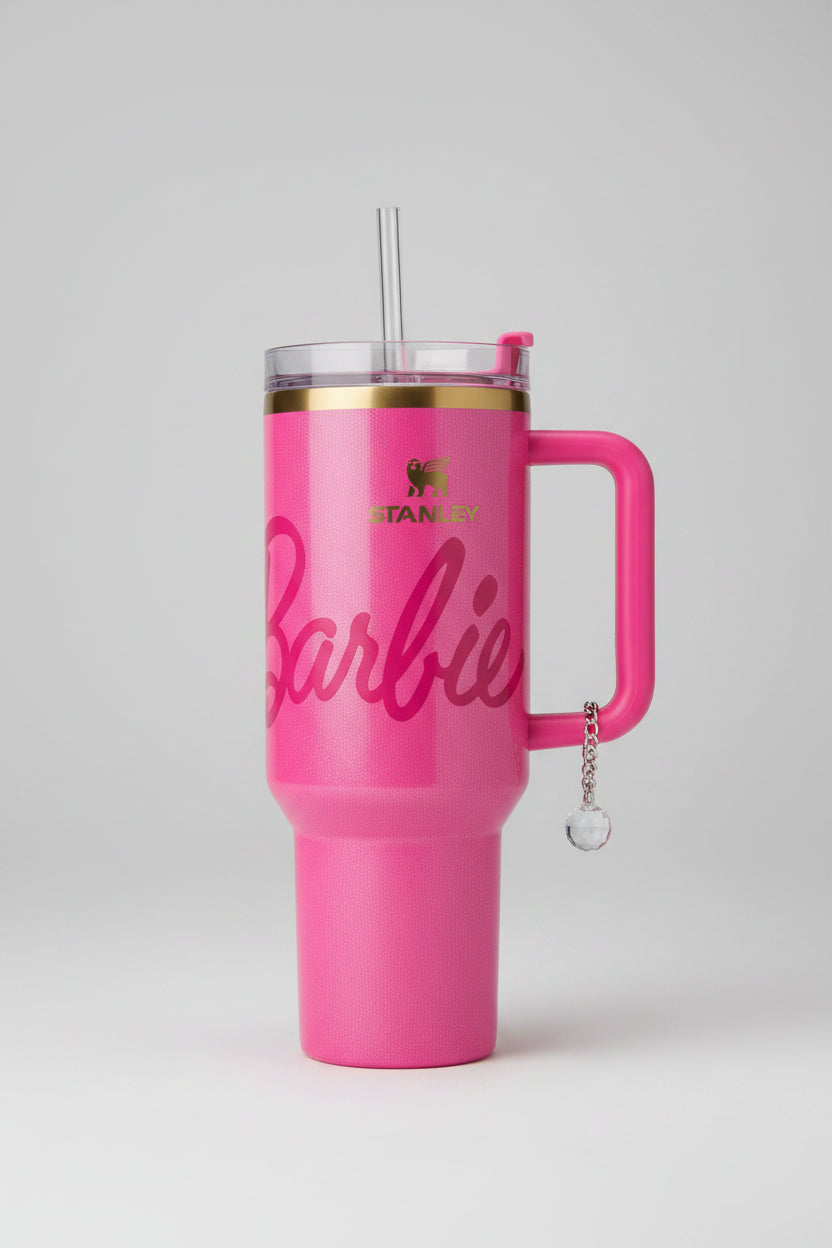 Stanley x Barbie Tumbler - hot pink with gold Barbie logo, in box