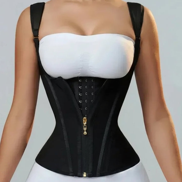 Zip-Up Waist Trainer Corset Vest - Nude/Beige, front view