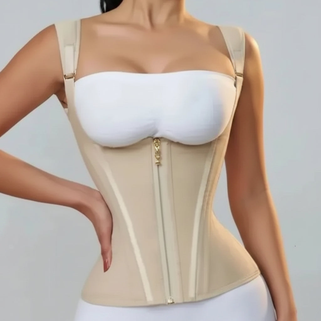 Zip-Up Waist Trainer Corset Vest - Black, close-up zip detail