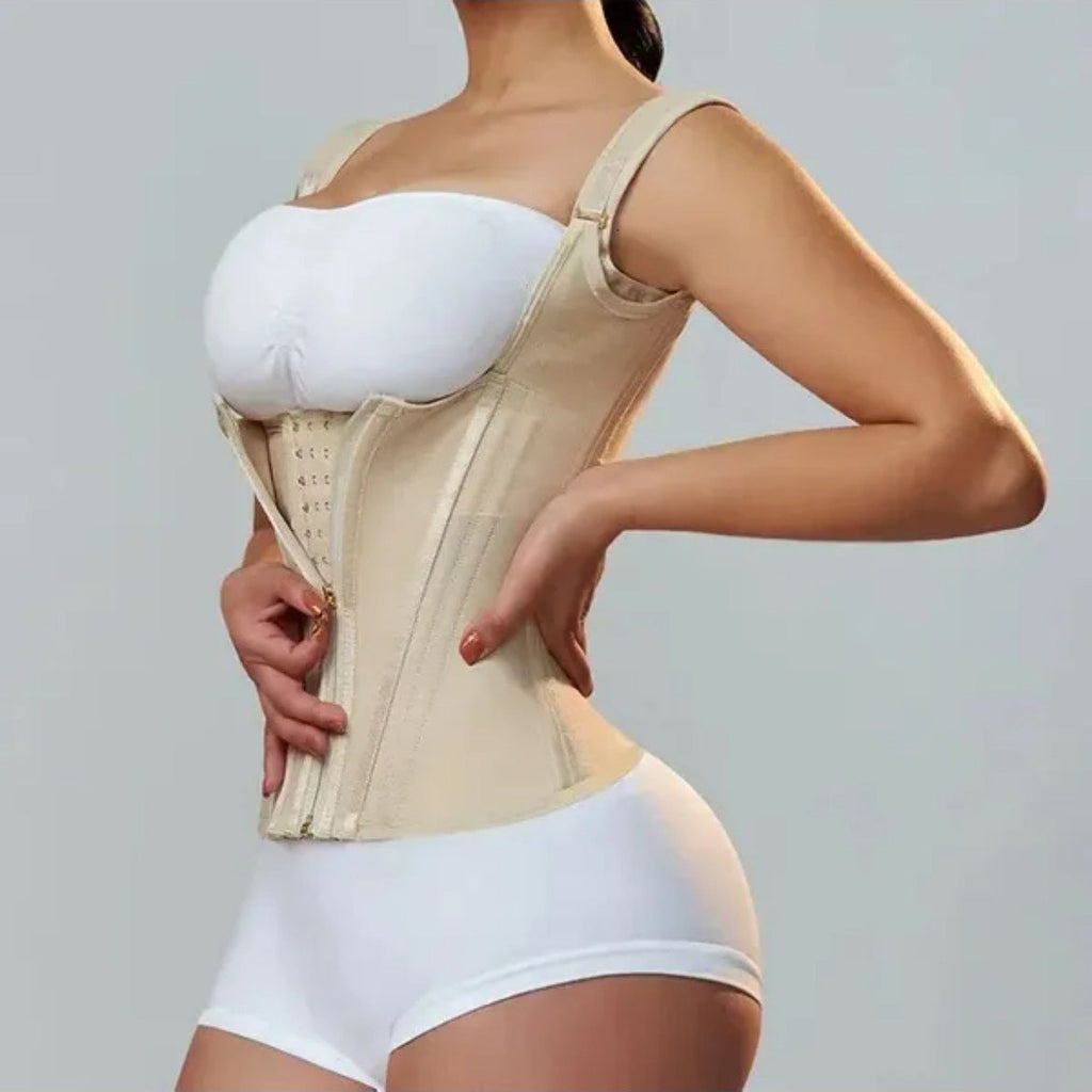 Zip-Up Waist Trainer Corset Vest - Nude/Beige, angled view