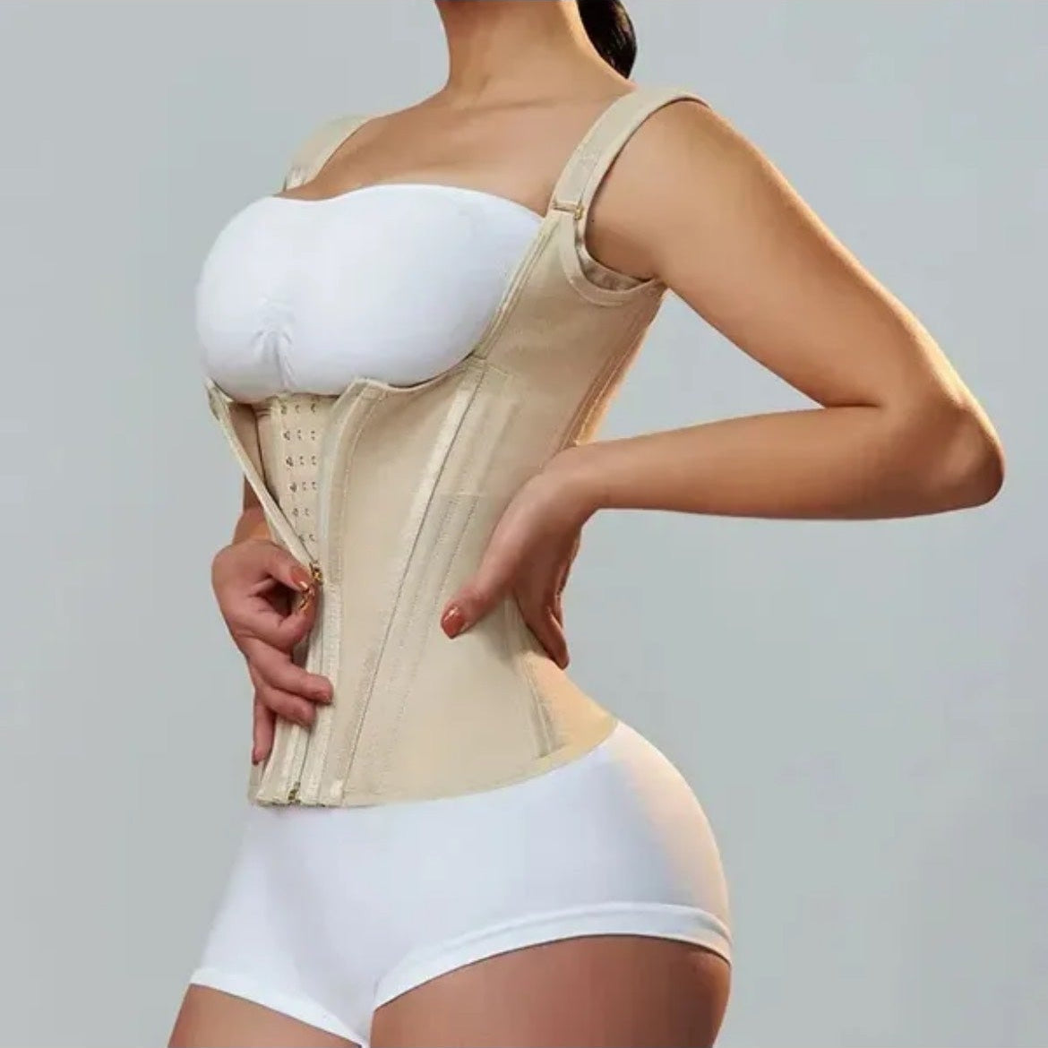 Zip-Up Waist Trainer Corset Vest - Nude/Beige, angled view