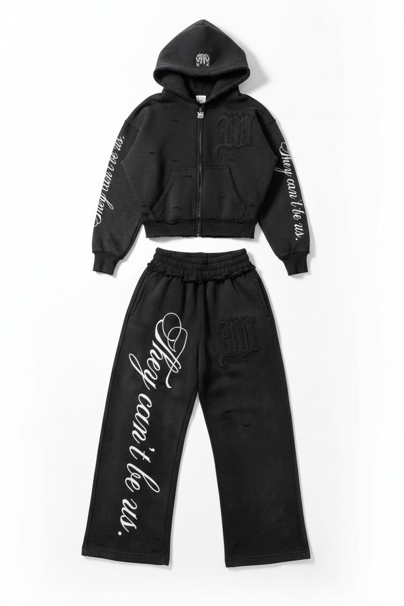They Can't Be Us black distressed tracksuit set