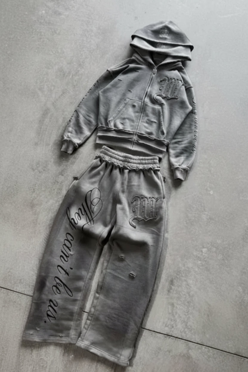 They Can't Be Us gray distressed tracksuit set
