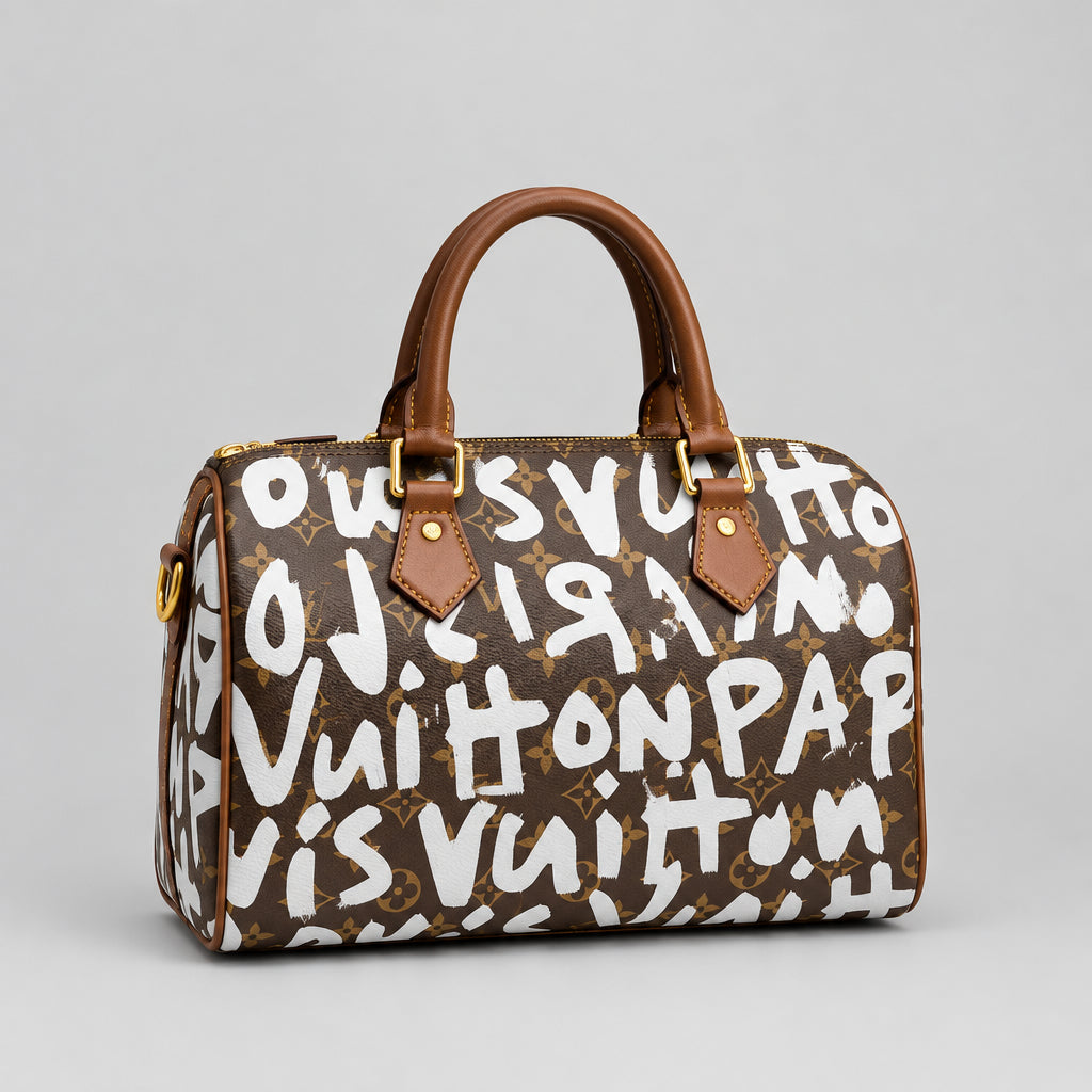 Brown monogram handbag with white graffiti lettering