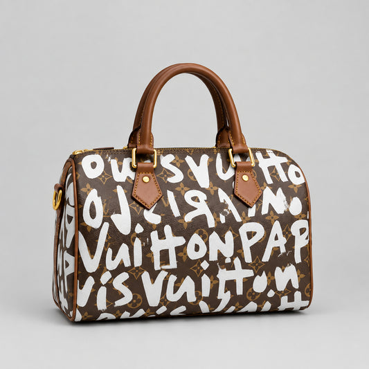Brown monogram handbag with white graffiti lettering