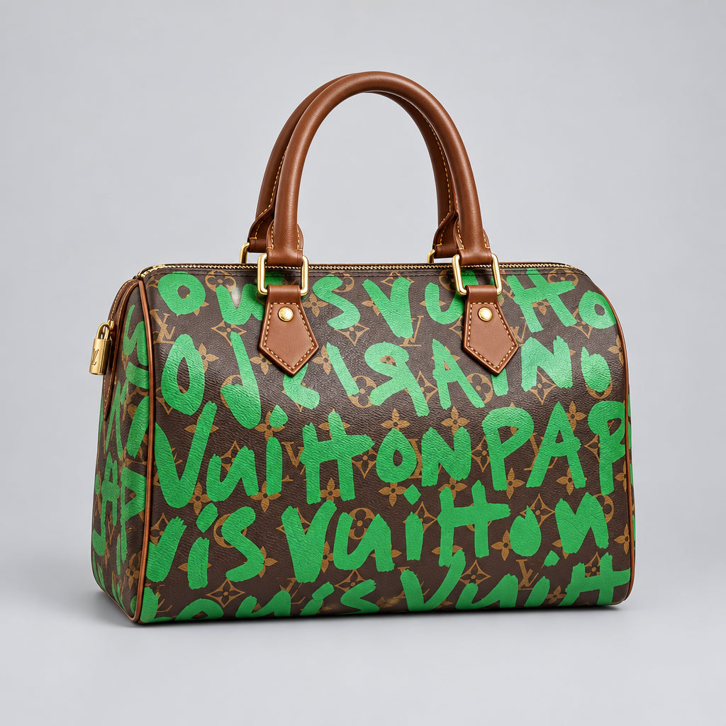 Brown monogram handbag with green graffiti lettering