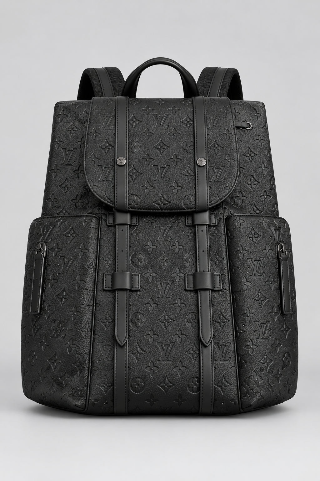 Close-up of black embossed-monogram backpack