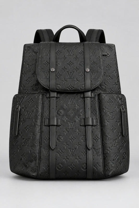 Close-up of black embossed-monogram backpack