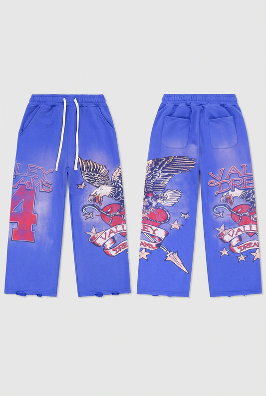 Blue eagle graphic track pants, front and back