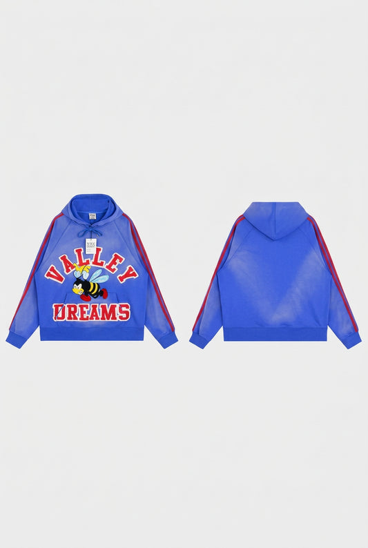 Blue Valley Dreams bee graphic hoodie with red sleeve stripes, front and back