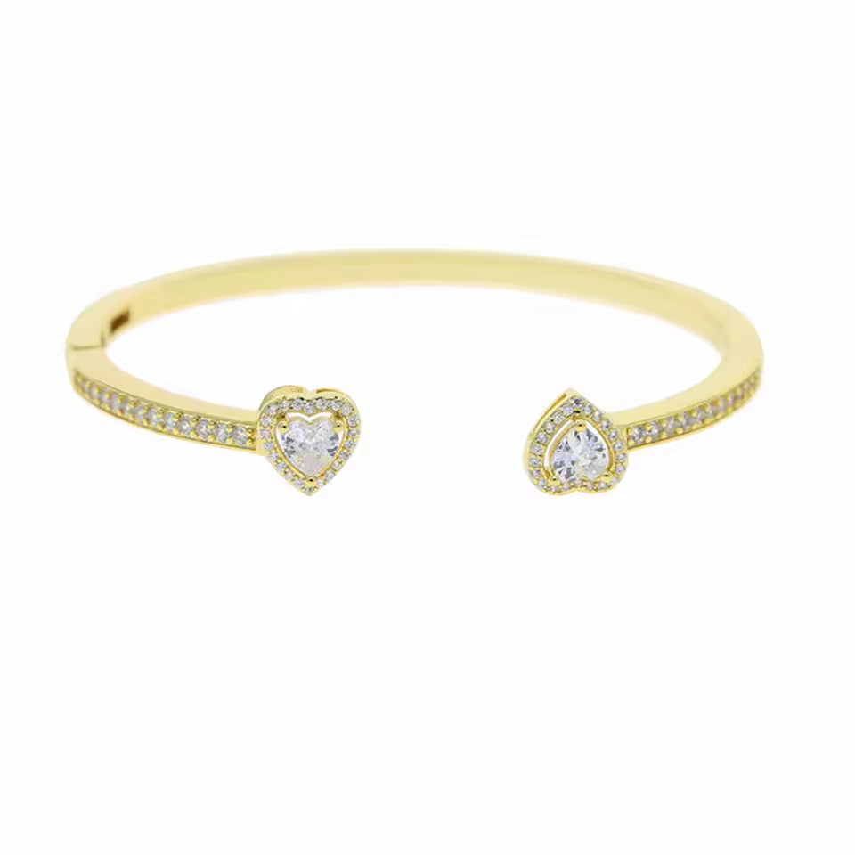 Crystal Heart Open Cuff Bangle Bracelet
